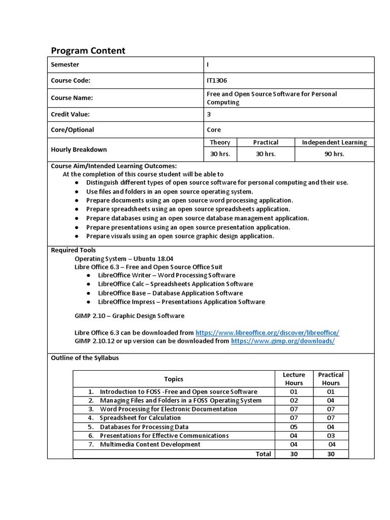 FOSS Course: Open Source Software Skills | PDF | Spreadsheet | Computer ...