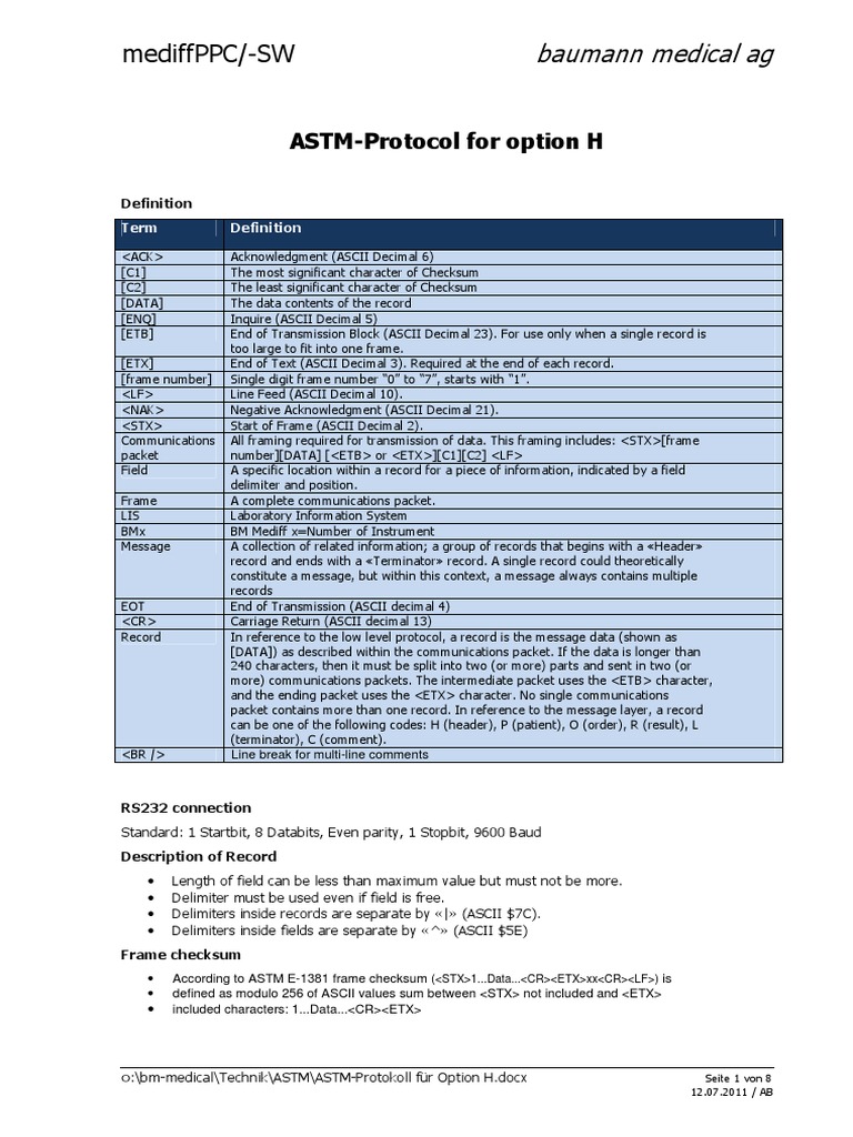 ASTM Protocol for Medical Data Transmission | PDF | Ascii | Network Packet