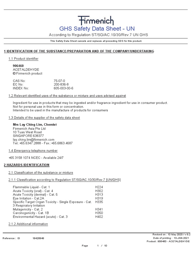 GHS Safety Data Sheet UN According To Regulation ST/SG/AC.10/30/Rev