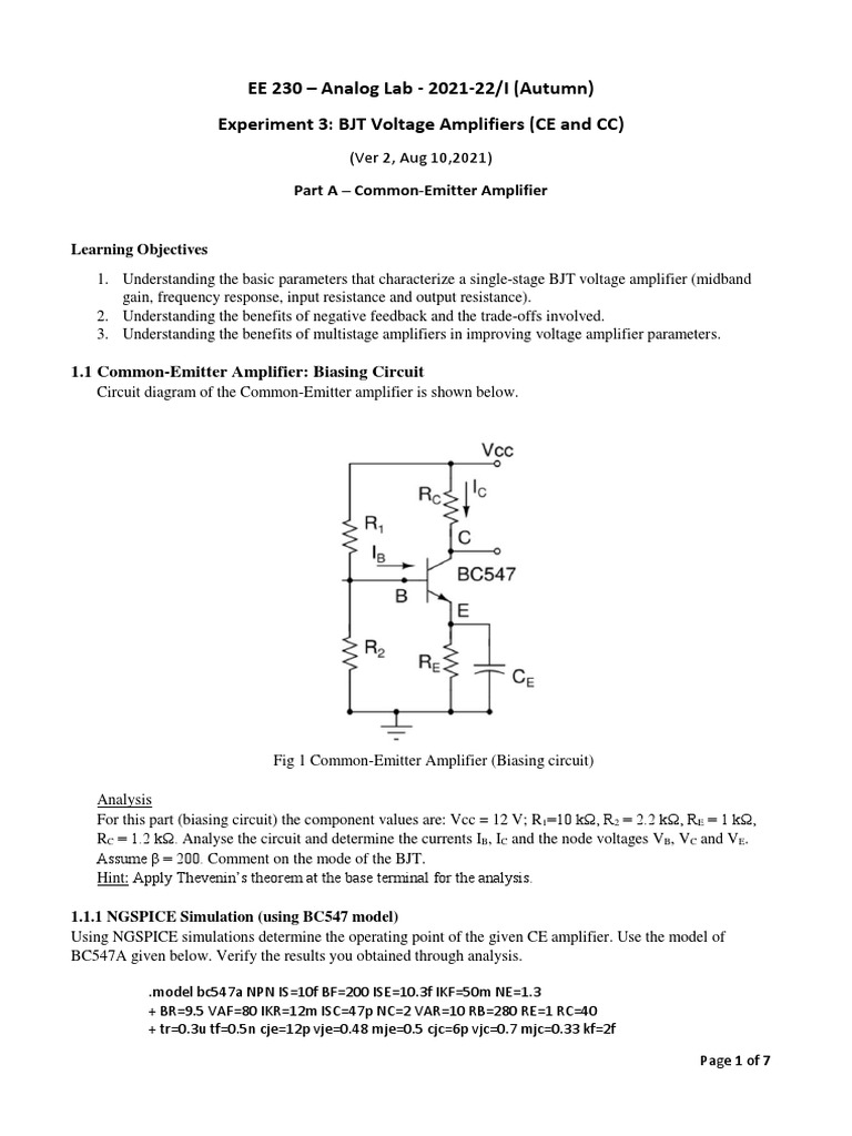 EE 230 Analog Lab 202122/I (Autumn) Experiment 3 BJT Voltage