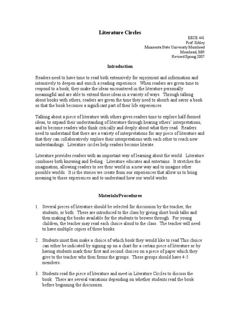 EECE Literature Circles PDF Books Teachers