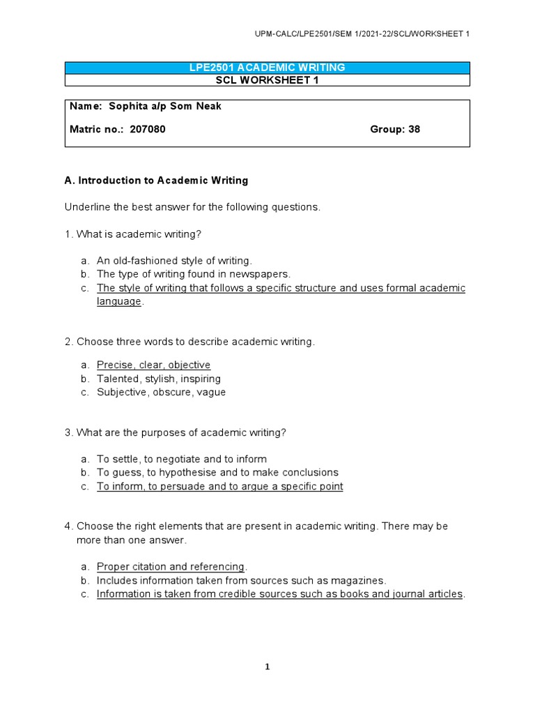 Academic Writing Worksheet Guide | PDF | Linguistics | Cognition