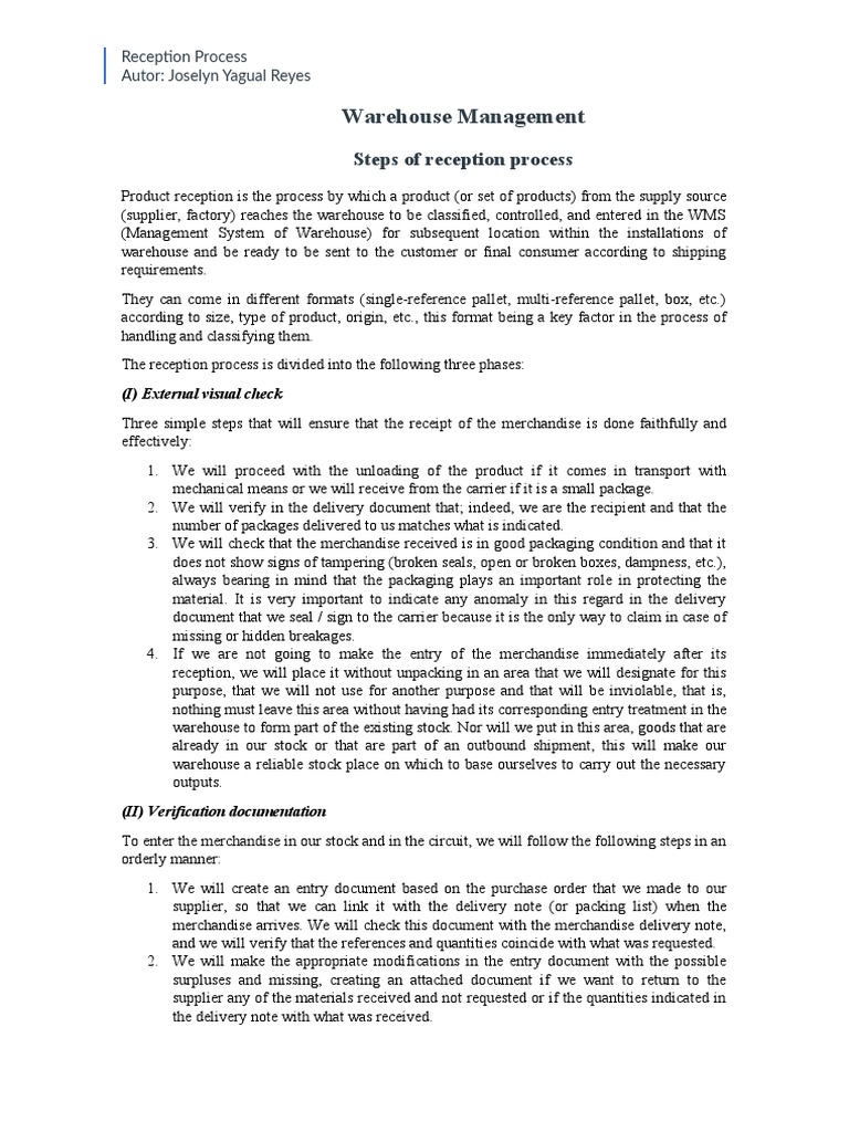 Warehouse Management: Steps of Reception Process | PDF | Finance ...