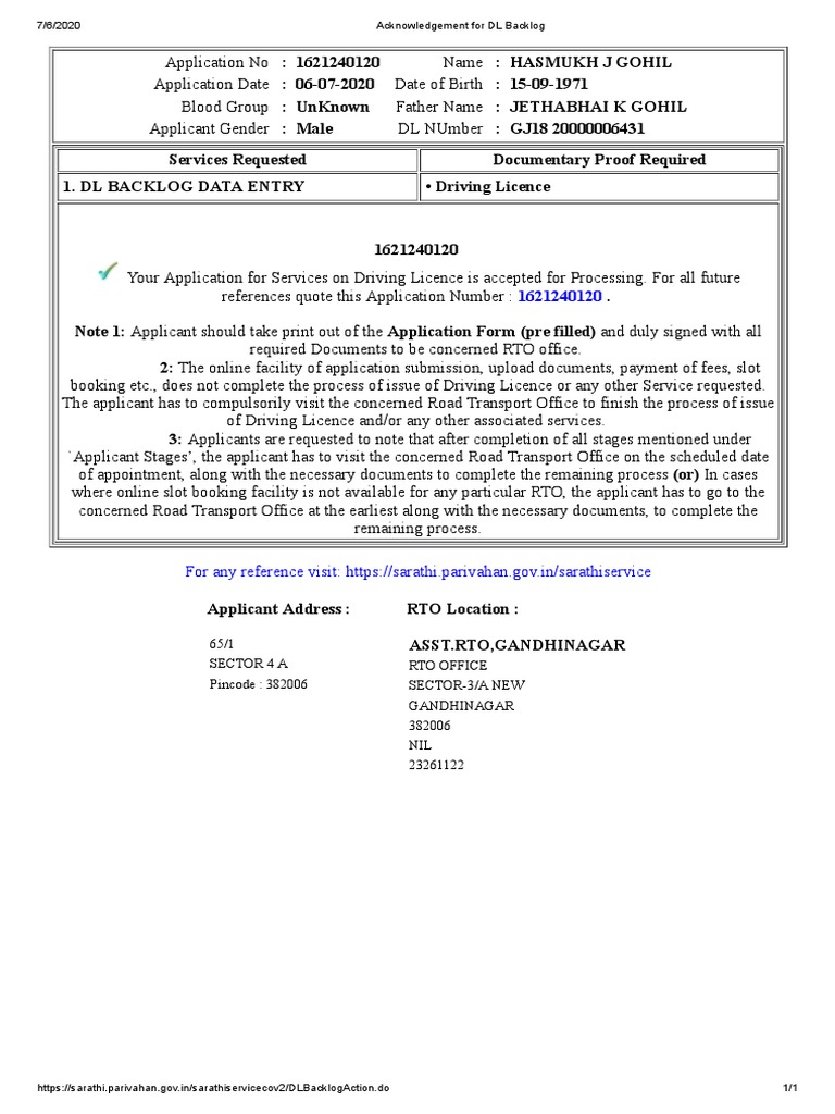 DL Backlog Application Acknowledgment | PDF | Driver's License | Government