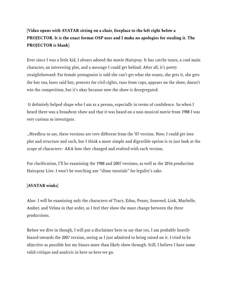 Video Essay Script For Hairspray Character Analysis Thingy PDF