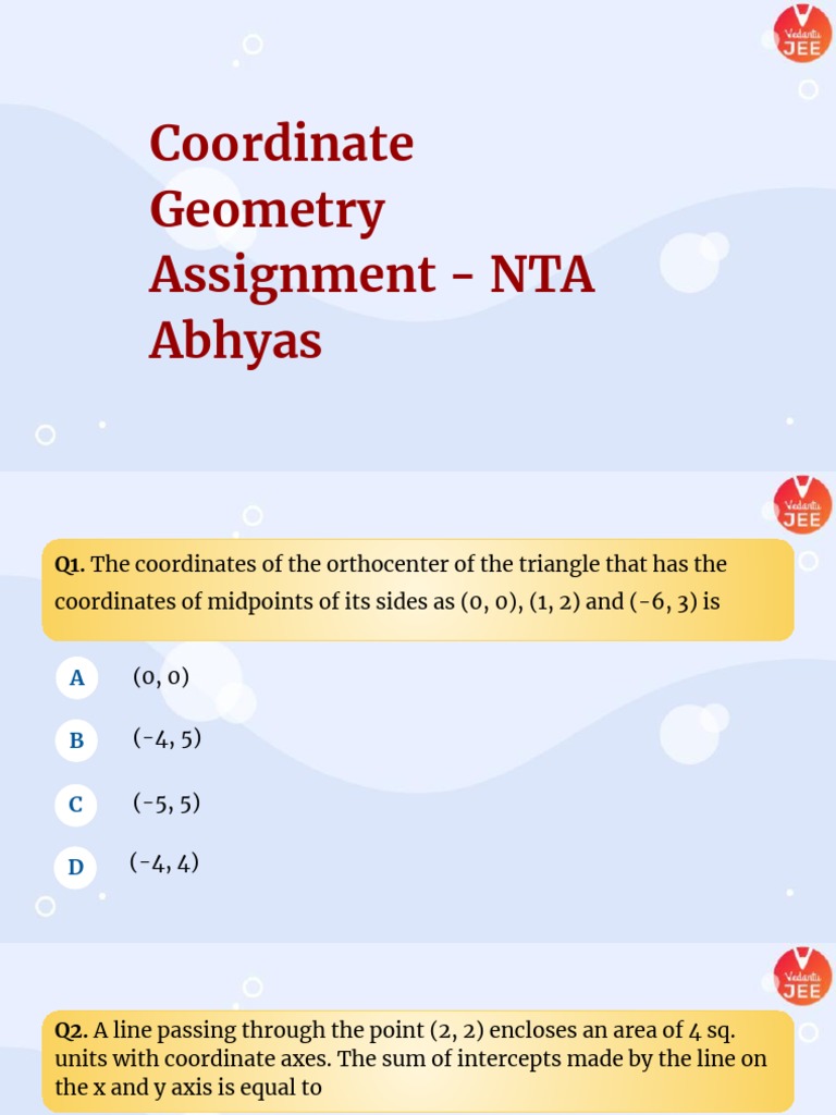 Coordinate Geometry Assignment - NTA Abhyas | PDF | Ellipse | Perpendicular