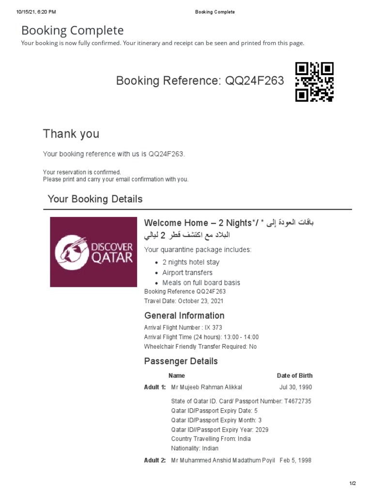 Qatar Hotel Quarantine Booking Confirmation | PDF | Passport ...