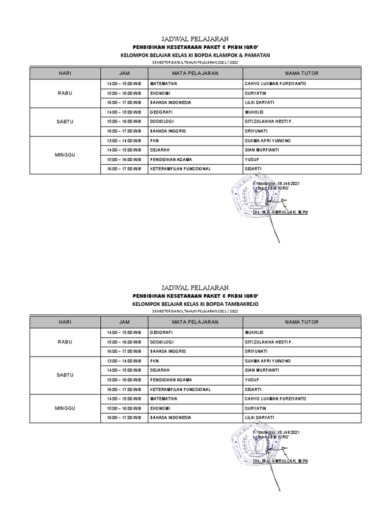 Jadwal Pelajaran Paket C PKBM IQRO’ | PDF | Kajian Bahasa Asing