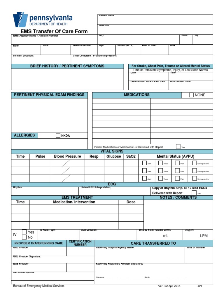 EMS Transfer of Care Form Guide | PDF | Emergency Medical Services ...