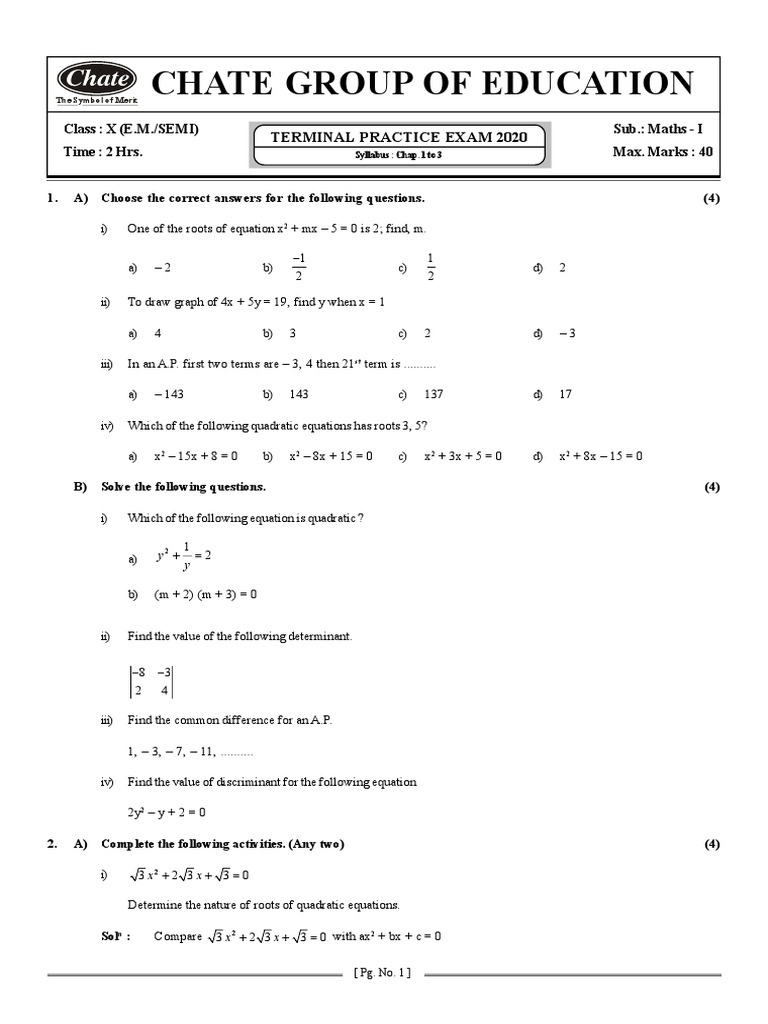 Class X Maths Practice Exam | PDF | Quadratic Equation | Equations