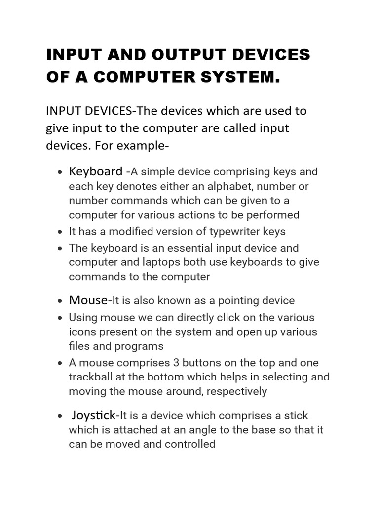 Input and Output Devices of A Computer System PDF