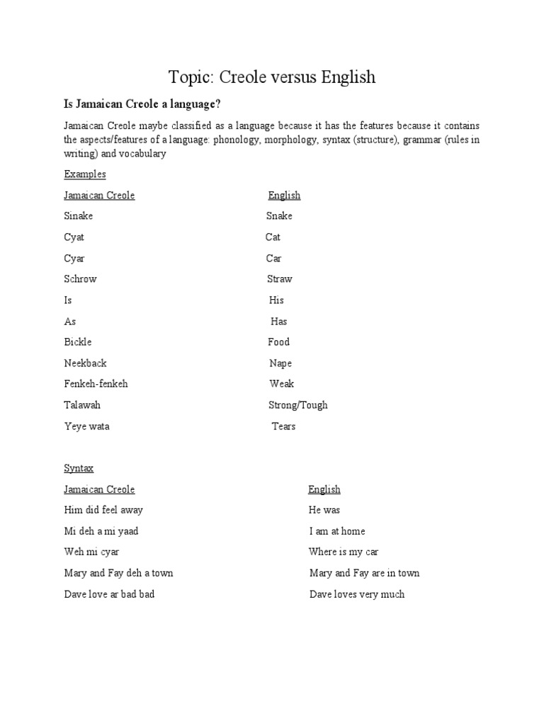 Topic Creole Versus English Is Jamaican Creole A Language Download