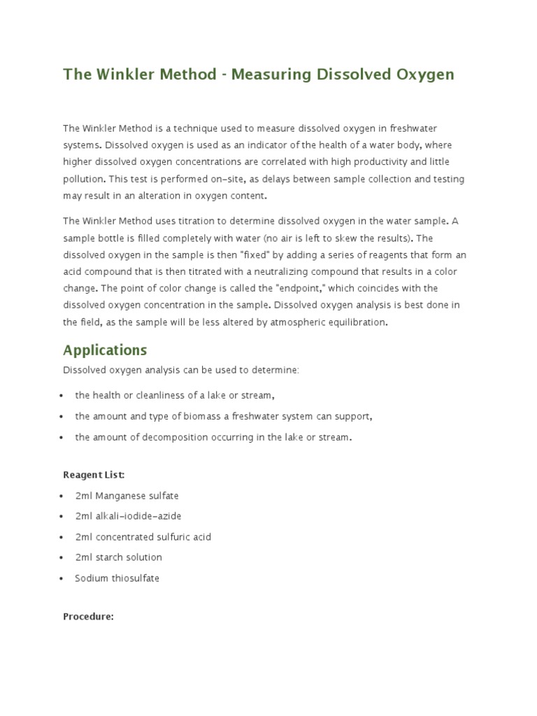 The Winkler Method PDF Chemistry Titration