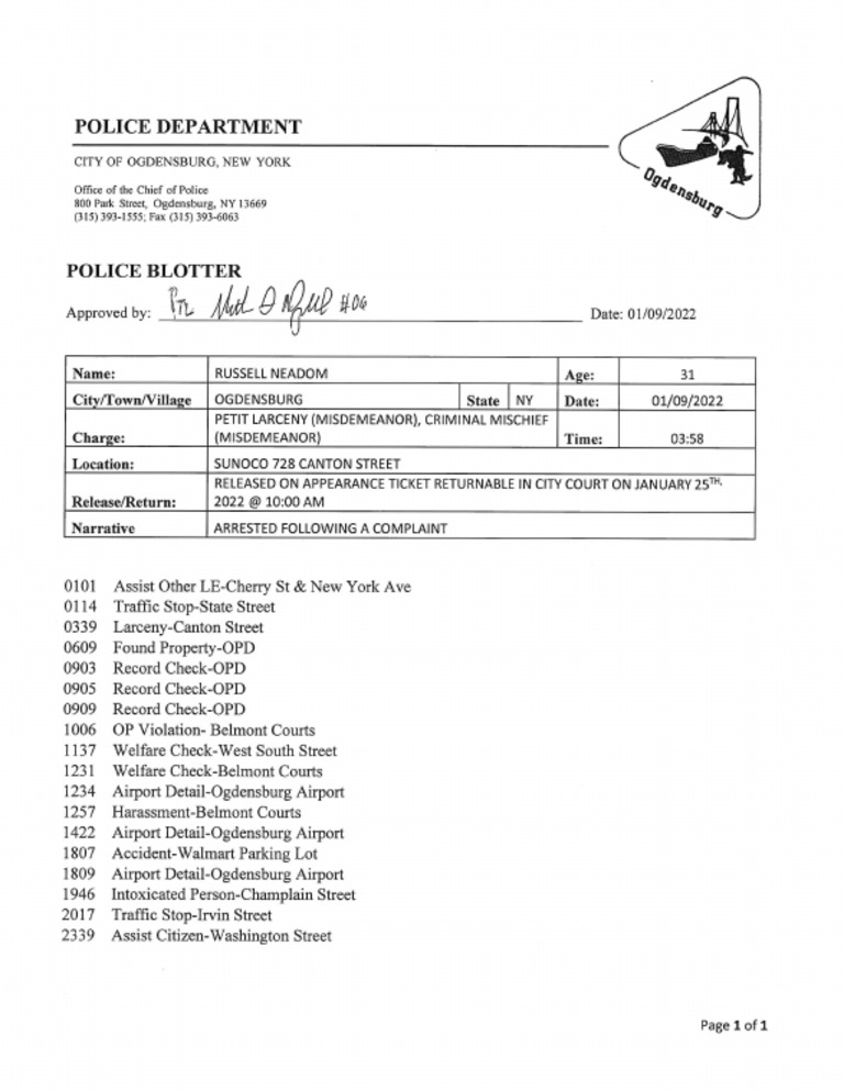 Ogdensburg Police Dept. Blotter Jan. 9, 2022 PDF