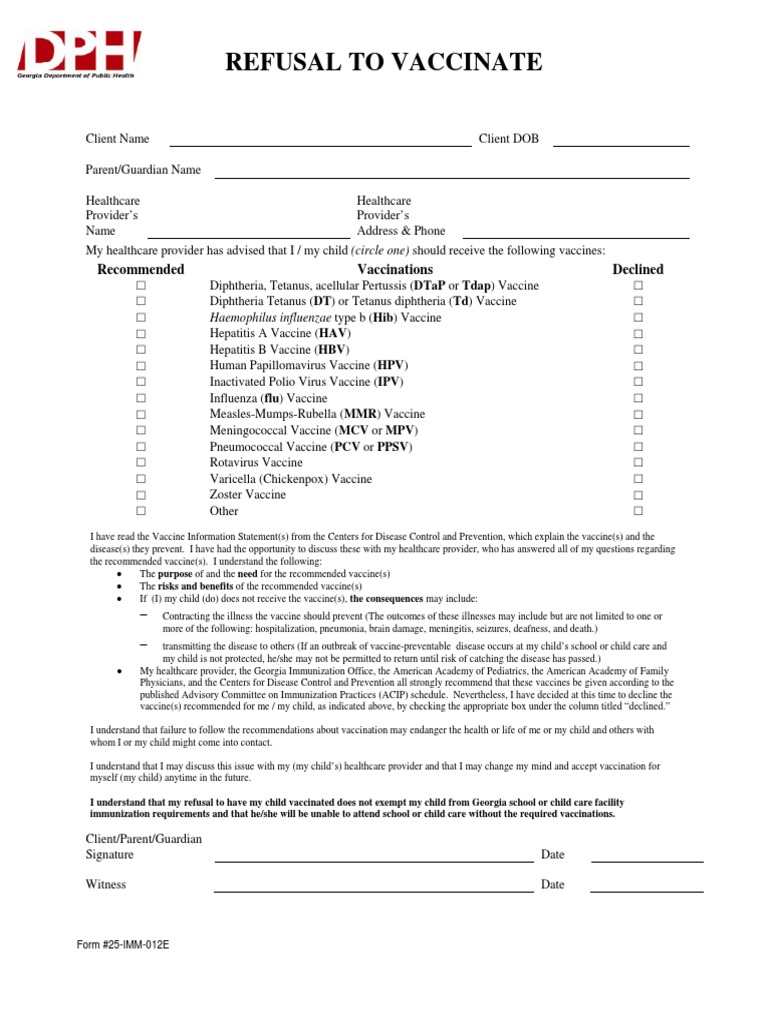 Vaccine Refusal Consent Form | PDF | Vaccines | Public Health