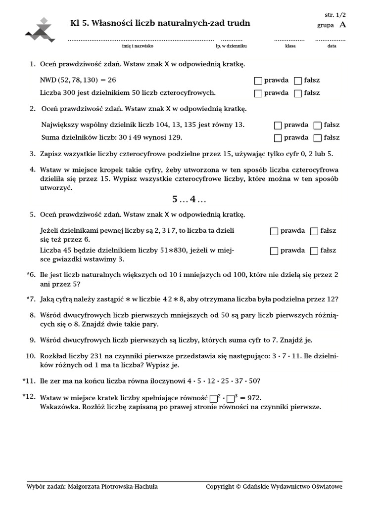 Własności Liczb Naturalnych Klasa 5 Sprawdzian Pdf