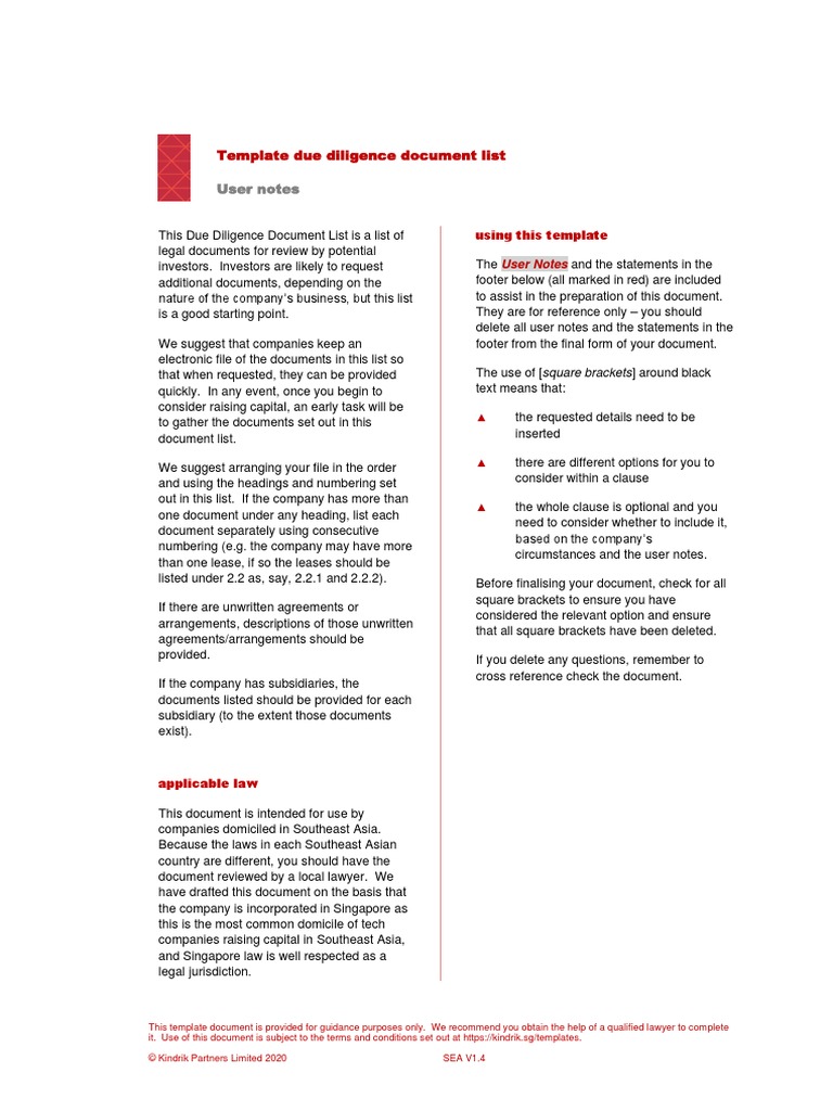 Template Due Diligence Document List: User Notes | PDF | Business ...