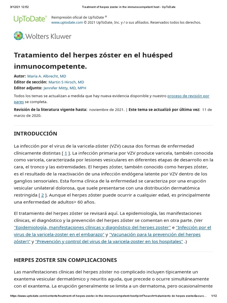 Treatment of Herpes Zoster in The Host UpToDate PDF
