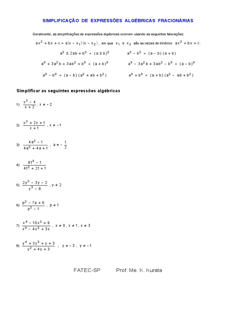 Simplificação De Expressões Algébricas Fracionárias Pdf