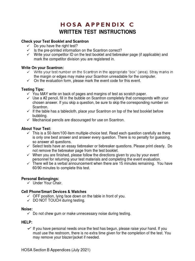 HOSA Written Test Instructions PDF