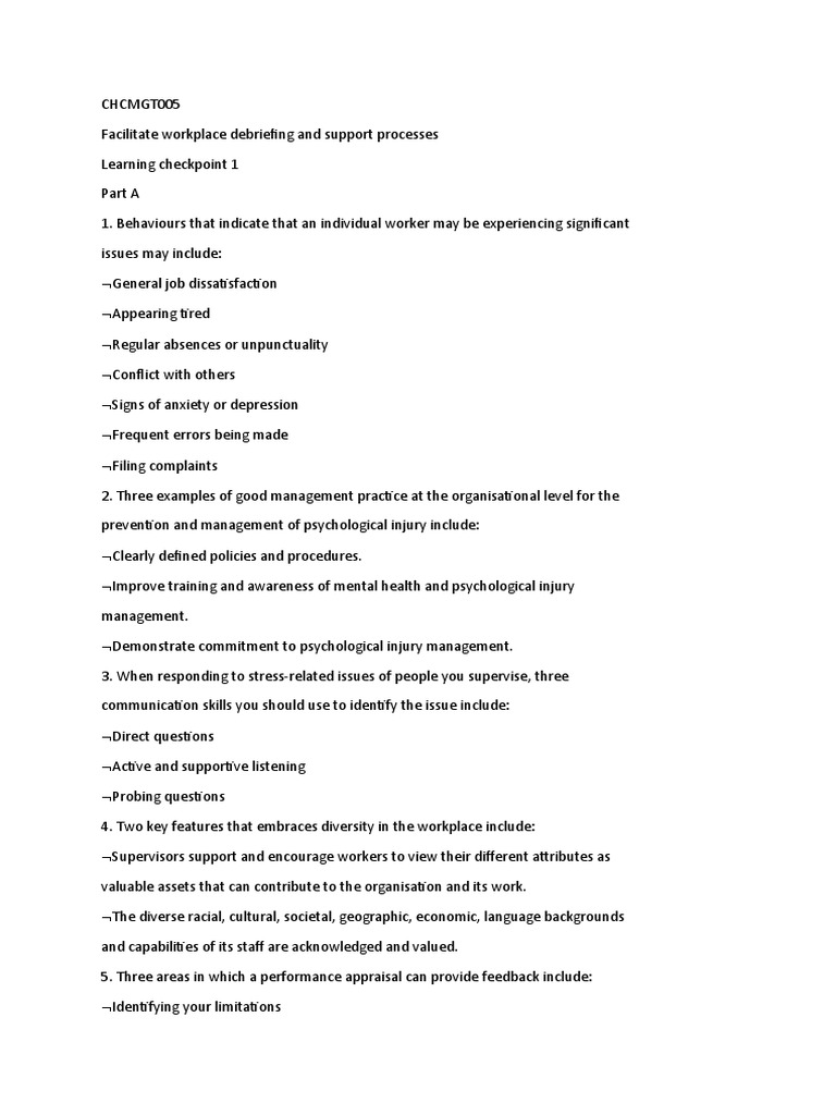 Chcmgt005 Facilitate Workplace Debriefing And Support Processes