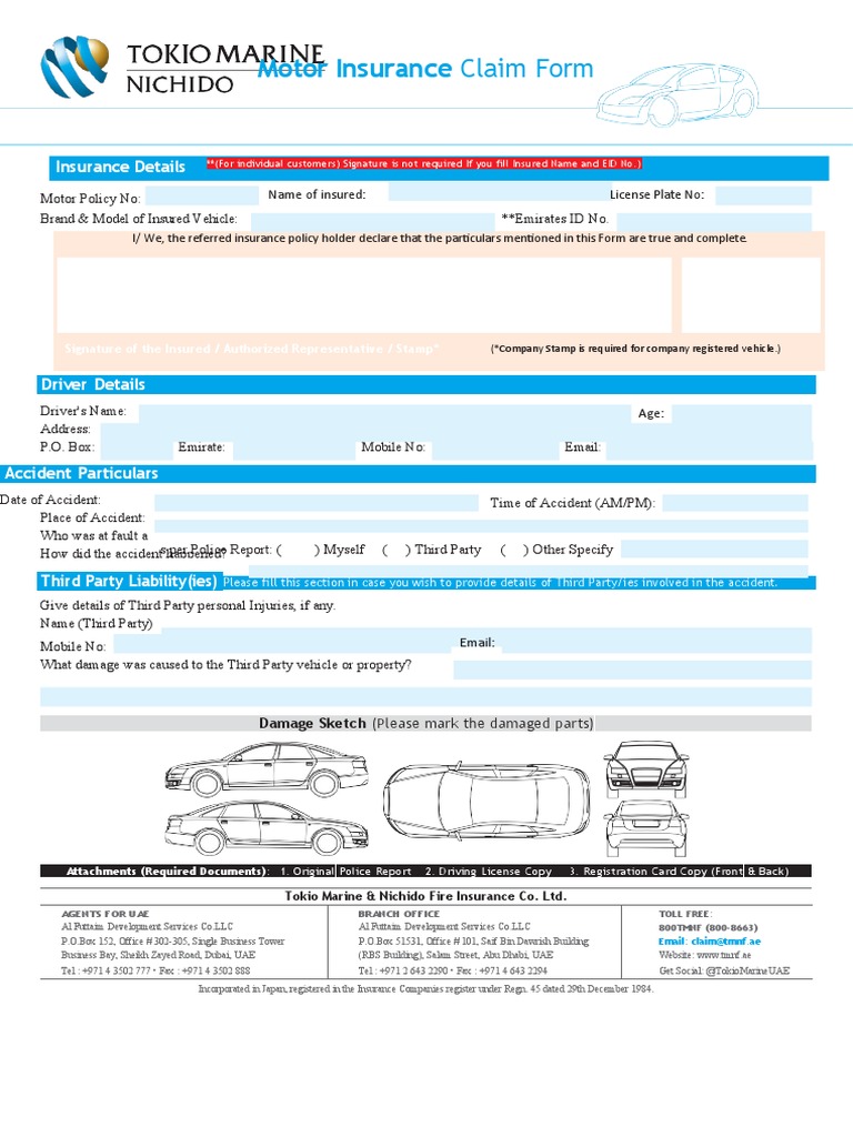 Motor Claim Form PDF United Arab Emirates Vehicle Insurance