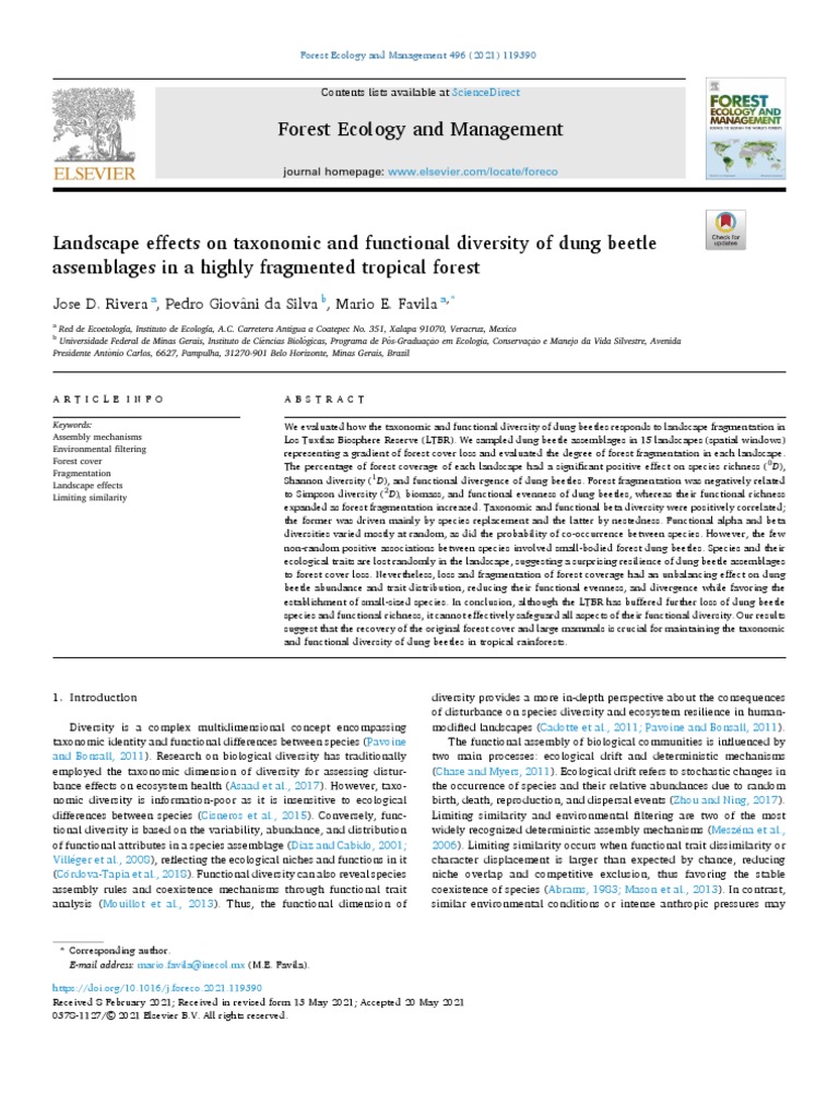 Landscape Effects On Taxonomic and Functional Diversity of Dung Beetle ...