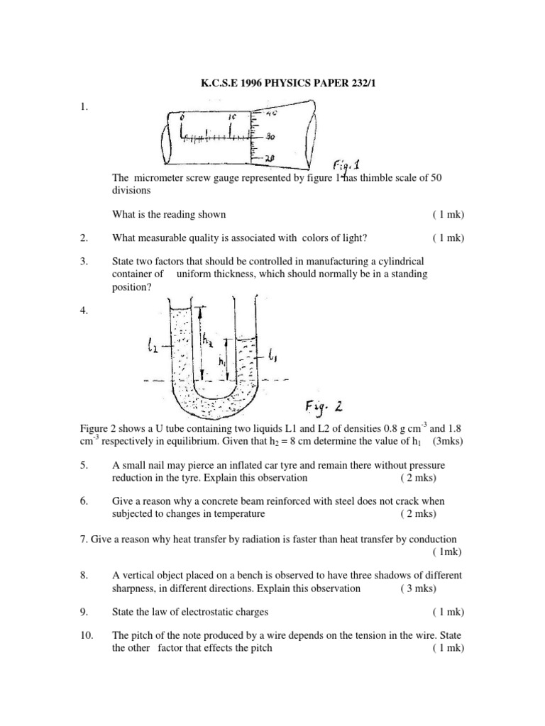K C S E 1996 Physics Paper 232 1 Pdf Force Light