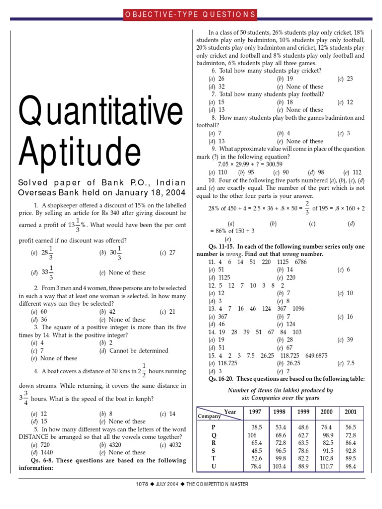 IOB_Quantitative Aptitude Paper Elementary Mathematics Physics