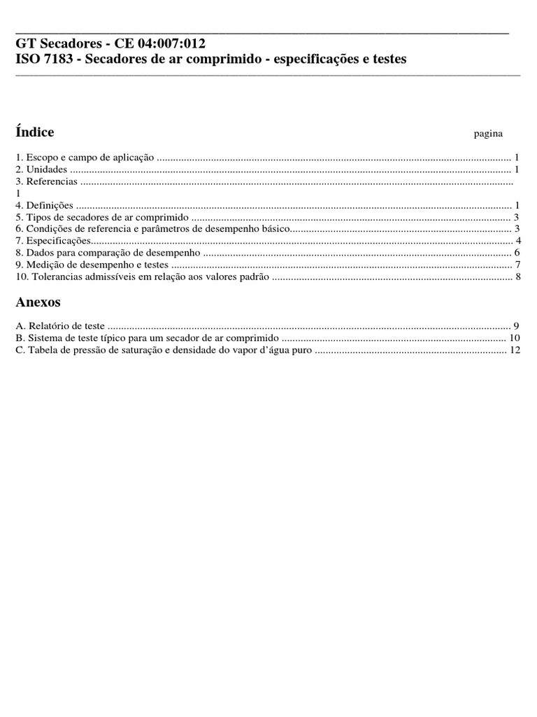 Especificações técnicas e métodos de teste para secadores de ar