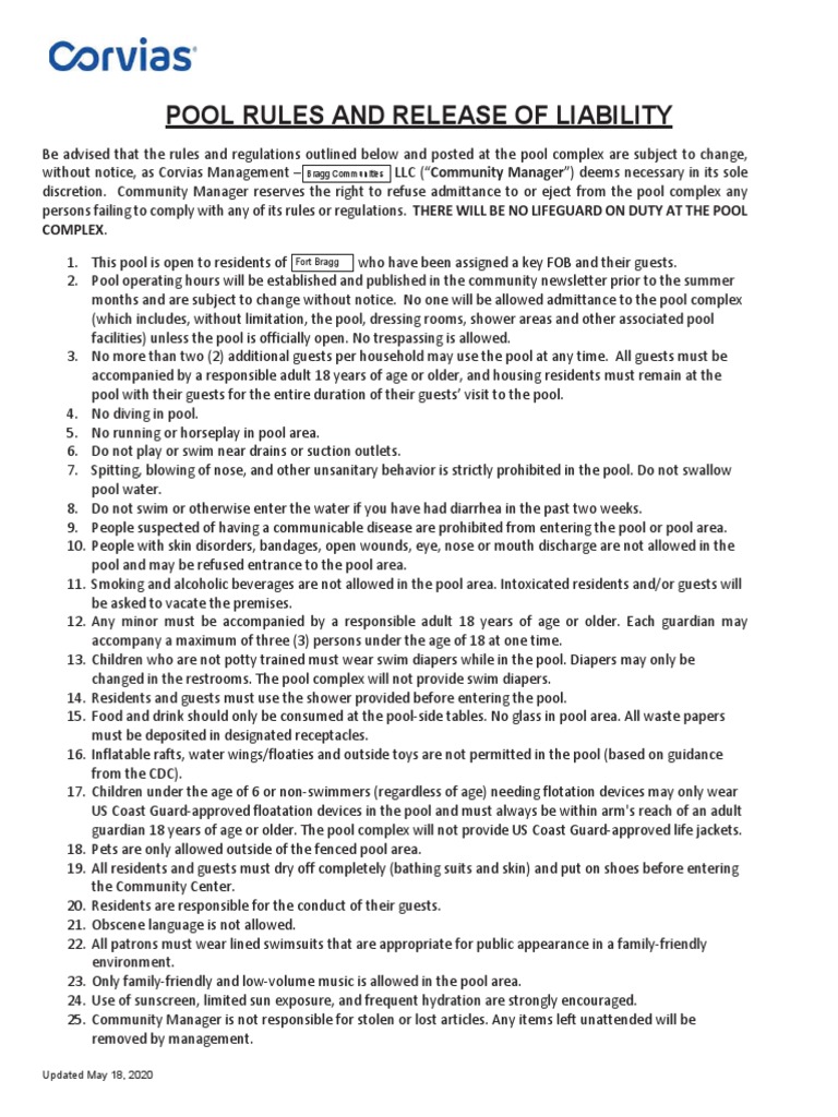 Corvias Pool Rules and Liability Release | PDF | Legal Liability ...