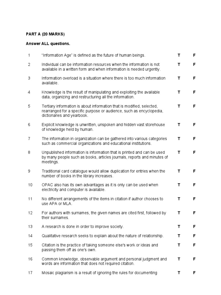 Part A (20 Marks) Answer ALL Questions. T F T F | Descargar gratis PDF ...