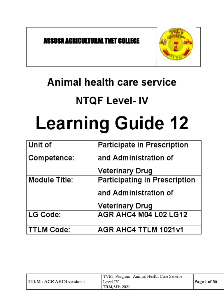 Learning Guide 12 Animal Health Care Service NTQF LevelIV PDF
