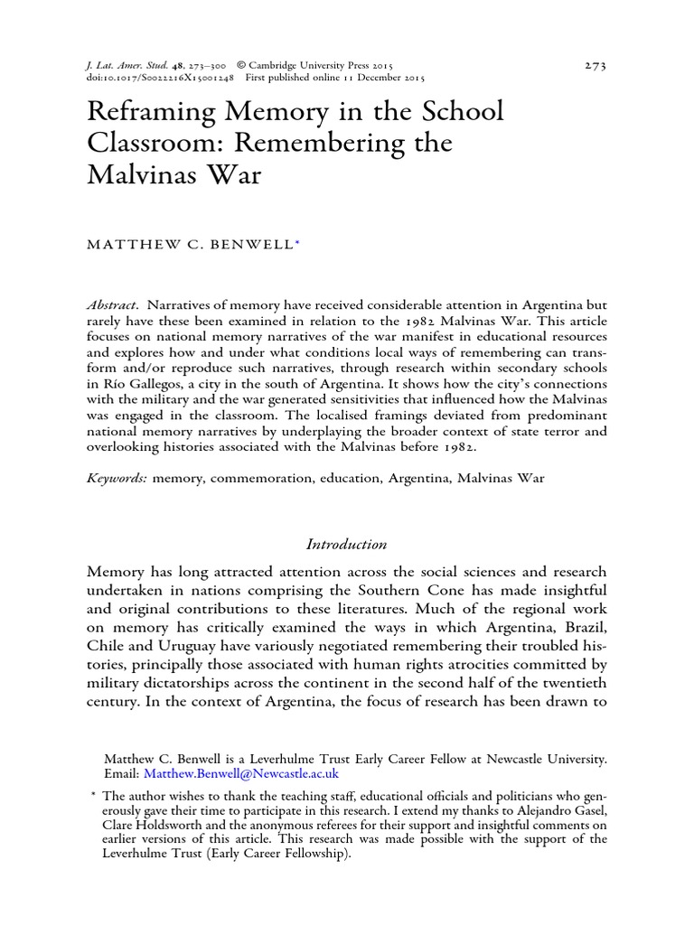 Reframing Memory in The School Classroom - Remembering The Malvinas War ...