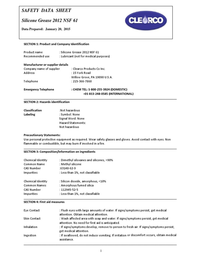 SDS Silicone Grease 2012 NSF 61 PDF Silicone Fires