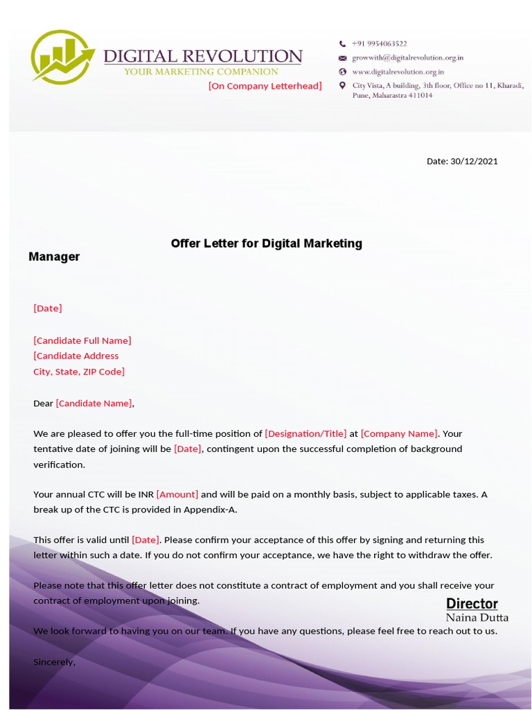 Digital Marketing Manager Offer Letter | PDF