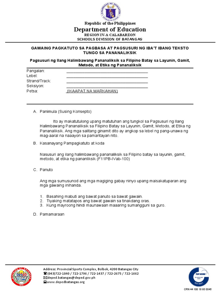 Activity Sheet Sa Pagsusuri NG Ilang Halimbawang Pananaliksik Sa ...