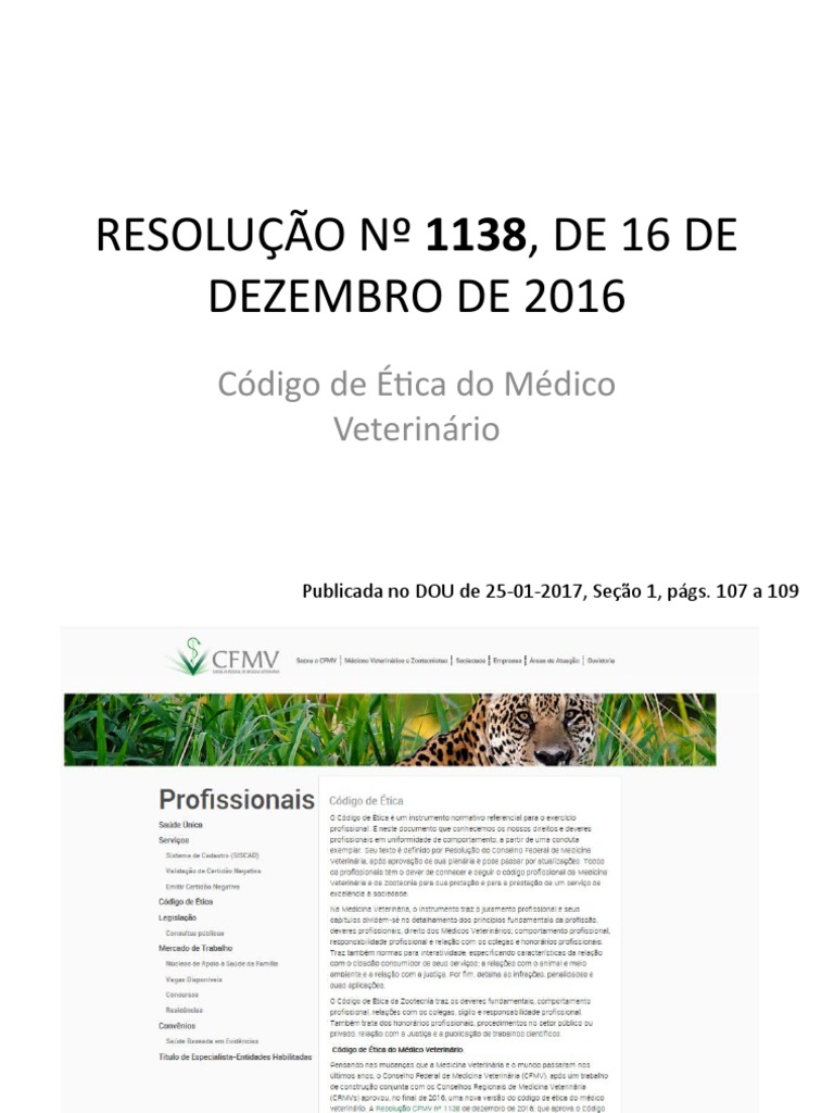 AULA RESOLUÇÃO 1138, DE 16 DE DEZEMBRO Código de Ética PDF Medicina Veterinária