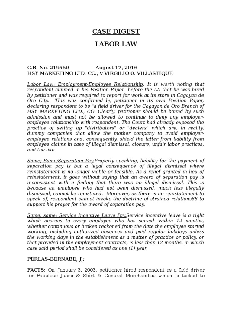 Labor Law Case Digest: HSY Marketing Ltd. | PDF | Employment | Labour Law