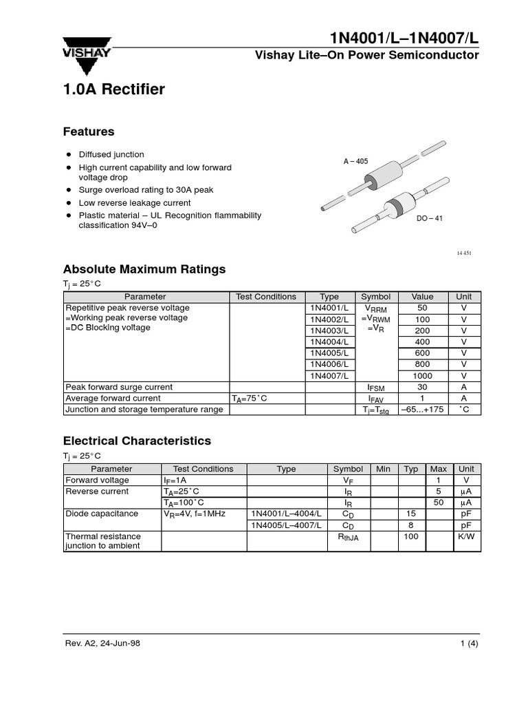 Datasheet 1N4001 PDF Diode Electrical Engineering