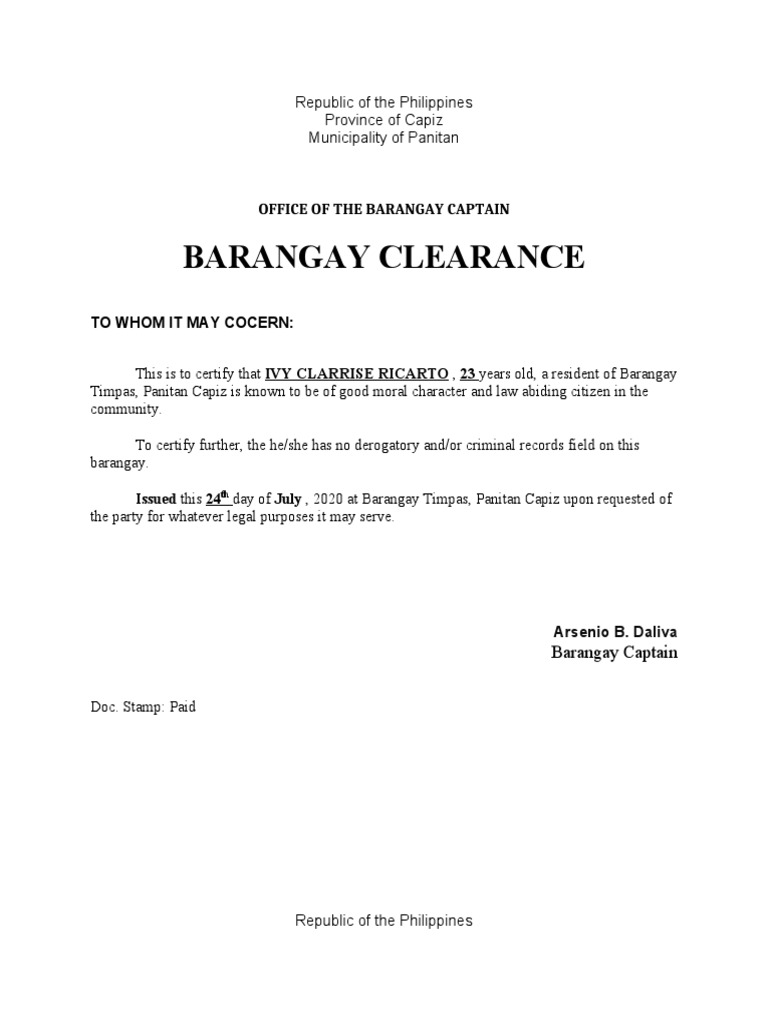 Barangay Clearance Office of The Barangay Captain PDF Doctor Of Medicine Health Sciences