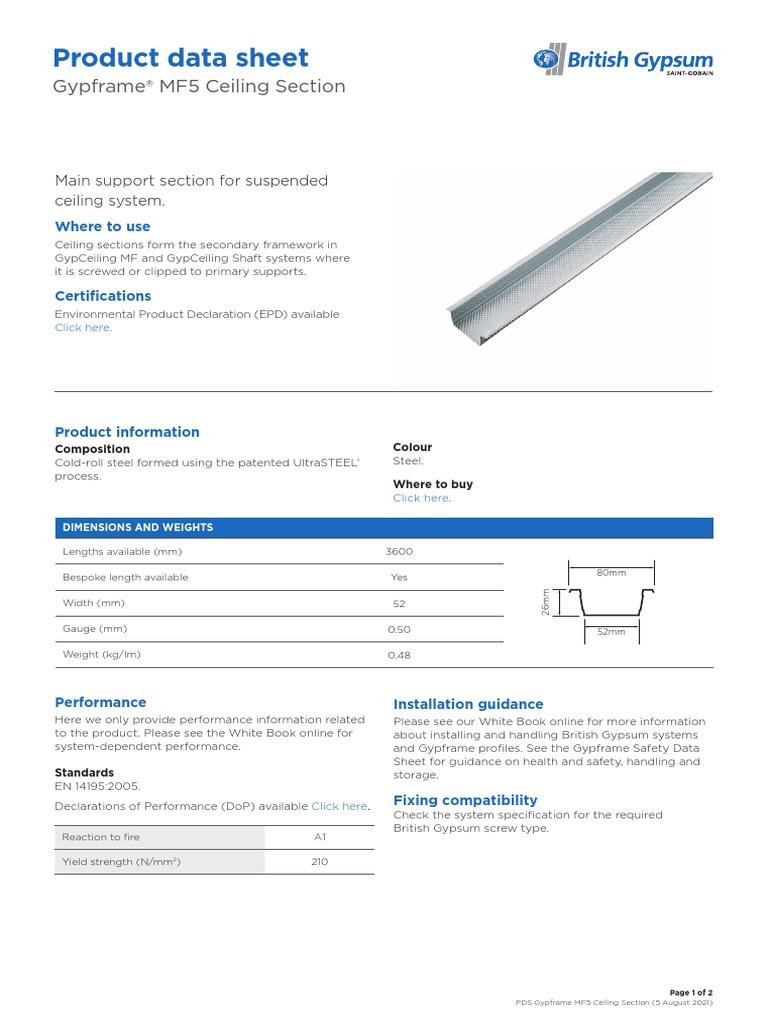 Product Data Sheet: Gypframe® MF5 Ceiling Section | PDF | Recycling ...