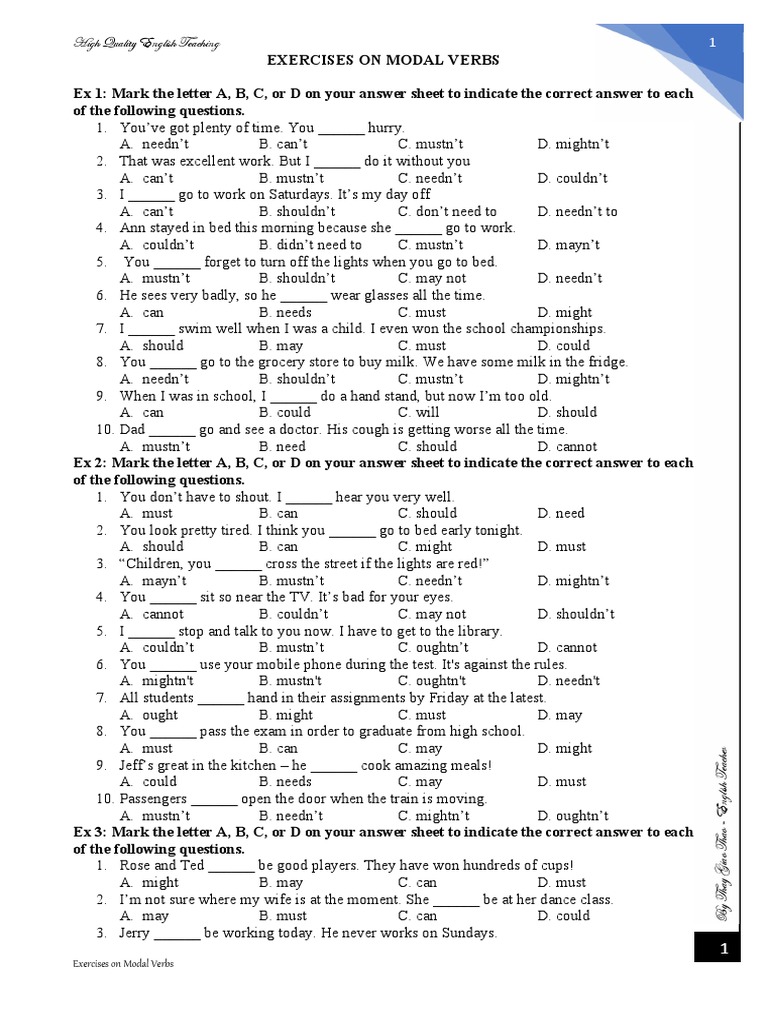 Modal Verbs Exercises for Students | PDF | English Language