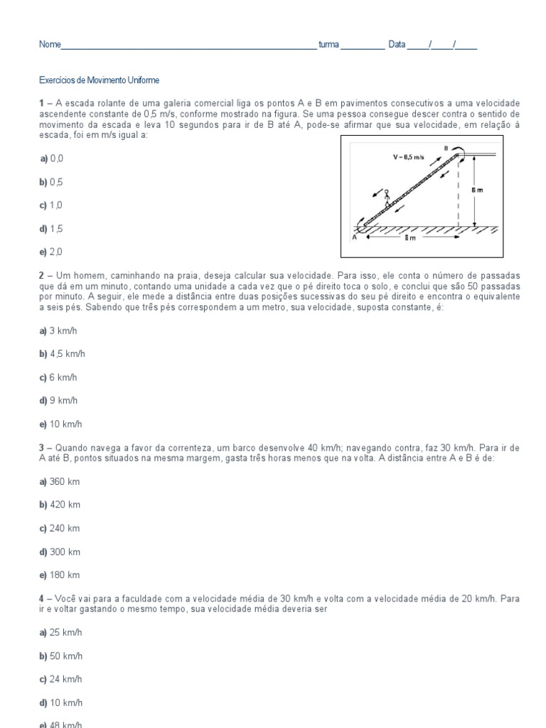 Exercícios de Movimento Uniforme | Velocidade | Tempo