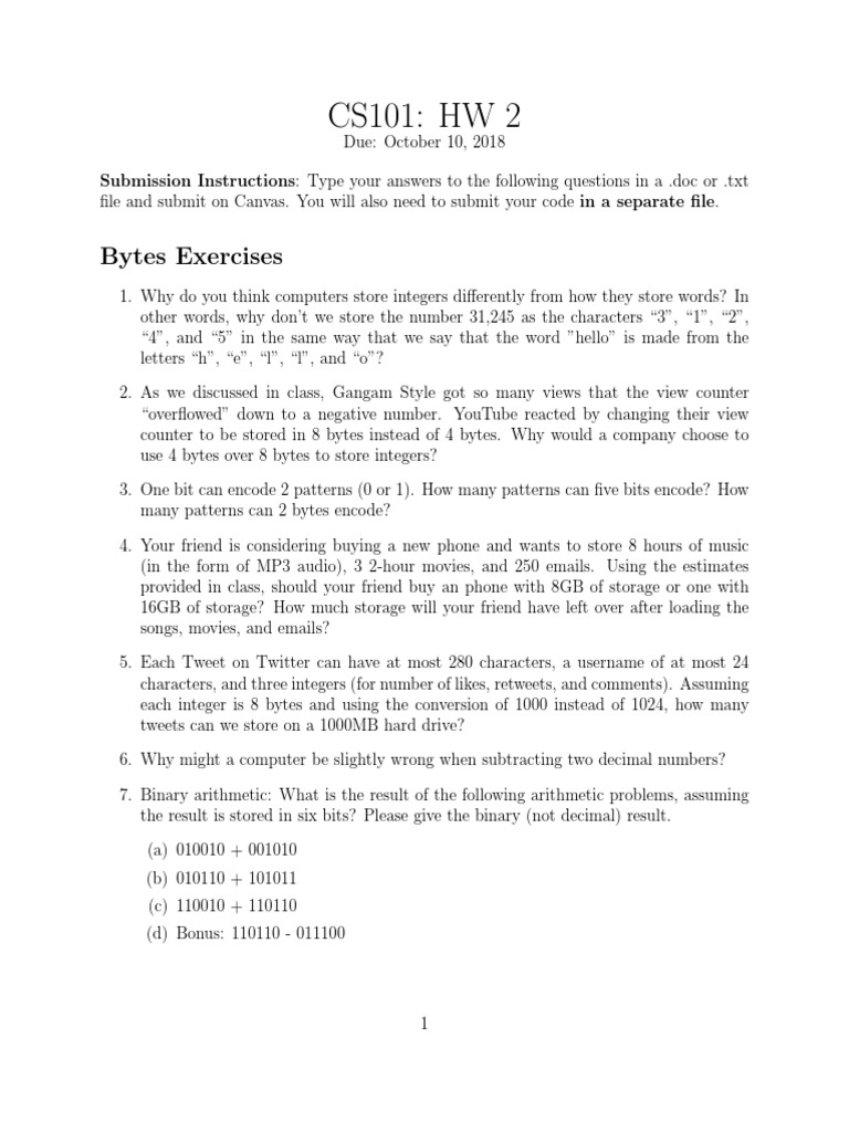 Cs101 Hw 2 Bytes Exercises Pdf Data Compression Computer Data