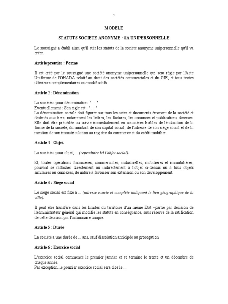 Modele Statuts Societe Anonyme Sa Unipersonnelle: Ville) | PDF | Action ...