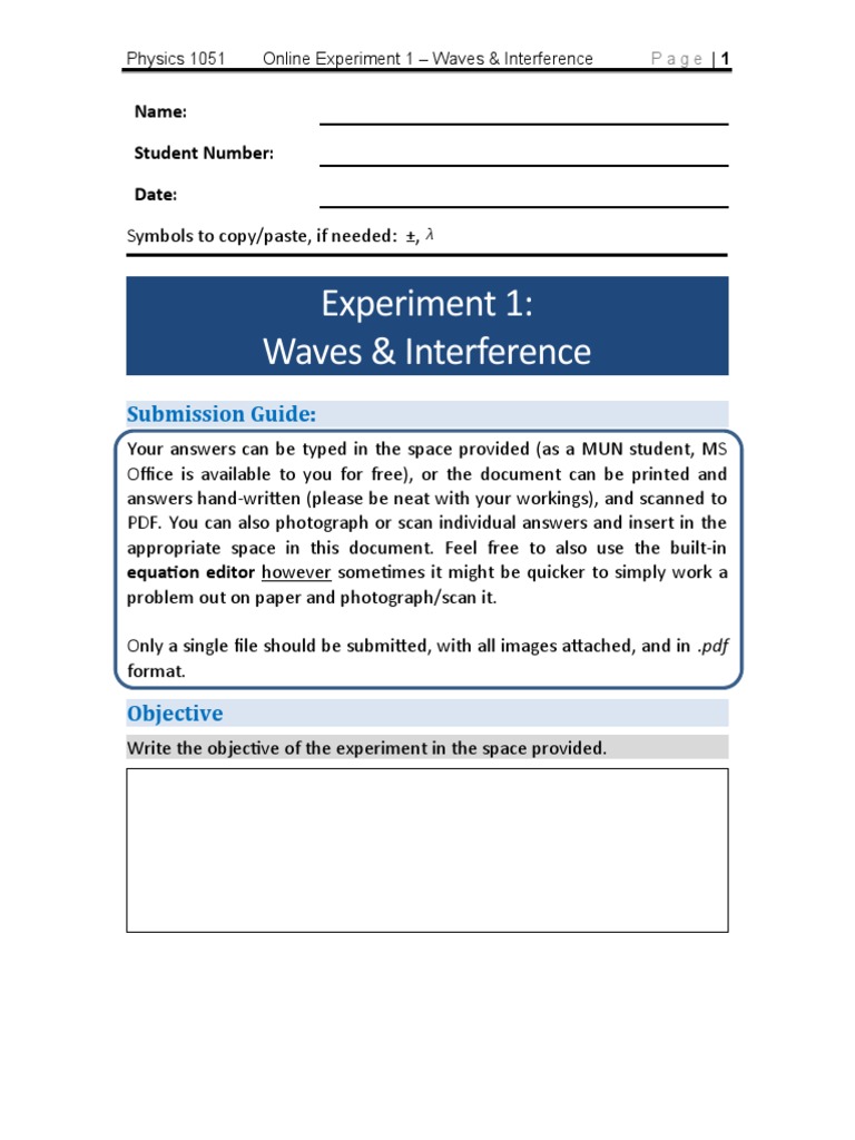 Experiment 1 Waves & Interference Submission Guide PDF Waves