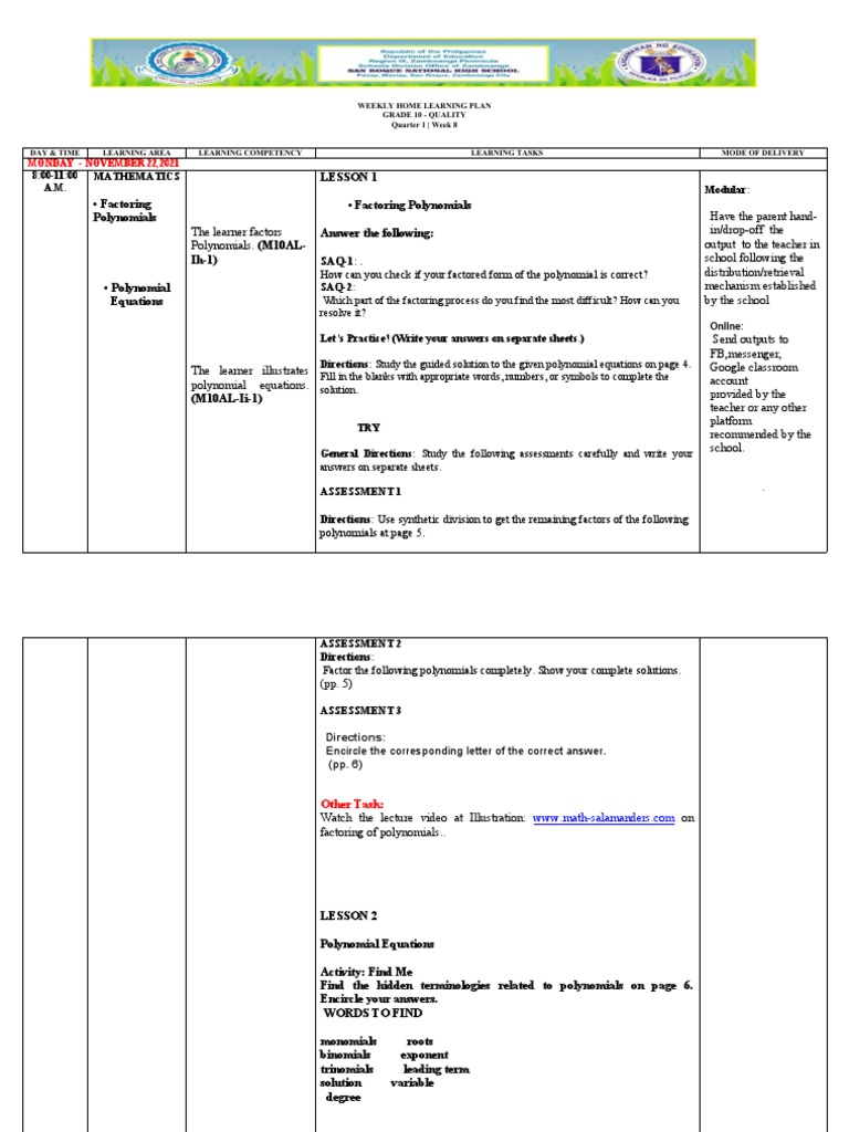 Grade 10 Weekly Learning Plan: Week 8 | PDF | Entrepreneurship | Polynomial