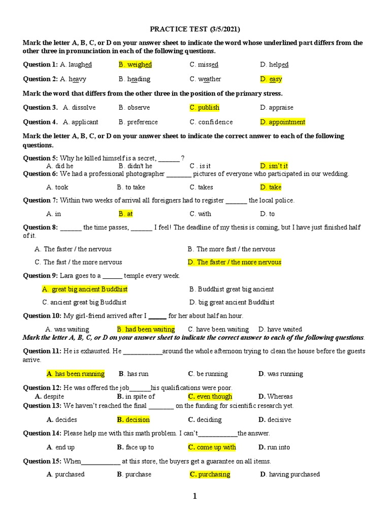 Mark the letter a b c or d on your answer sheet to indicate the