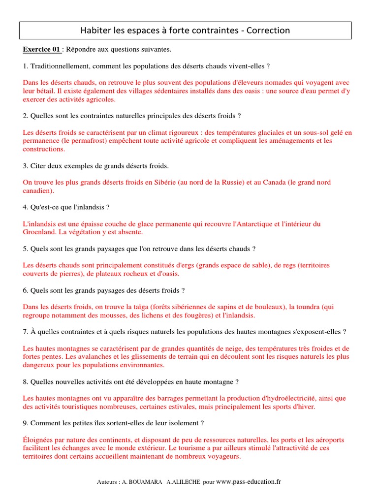 Evaluation Habiter Les Espaces à Fortes Contraintes 6ème Pdf Correction Habiter Les Espaces À Forte Contraintes - Exercices Corrigés -  6ème - Géographie | PDF | Désert | Montagnes